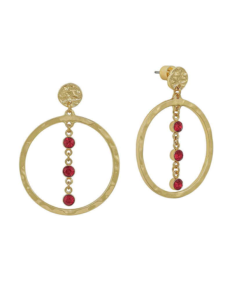 Double Round Metal w/ 3 Stone Linear Earring - 1.5"