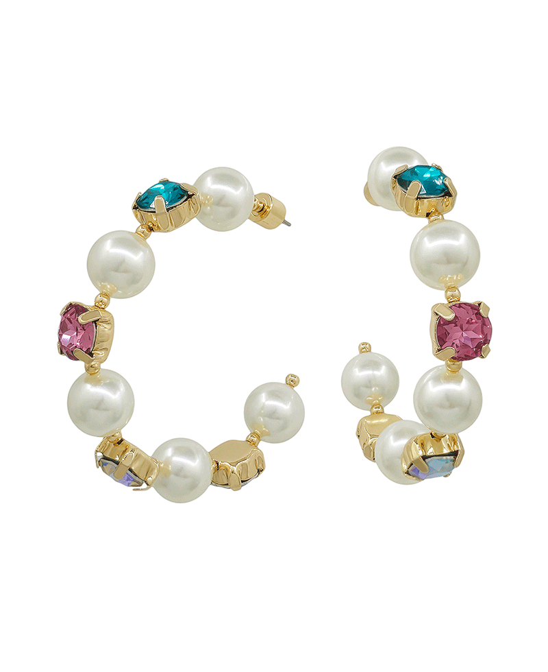 10mm Pearl & Stone Hoop Earring - 2.0"