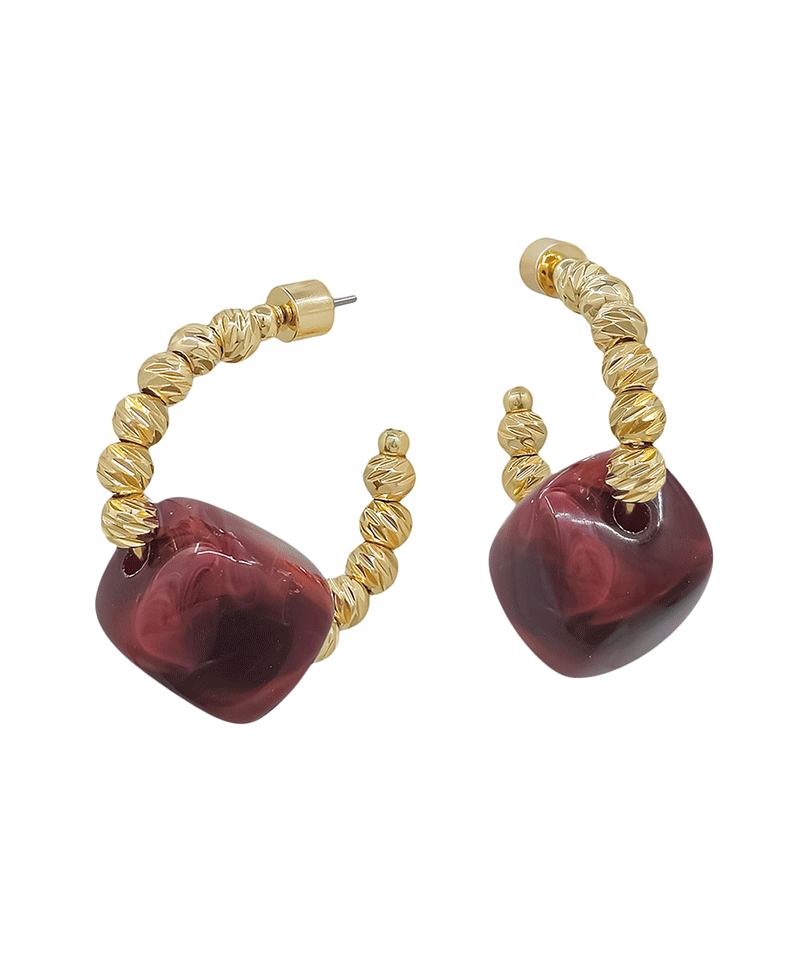 Resin Bead Accent 4mm Texture Hoop Earring - 1.2"