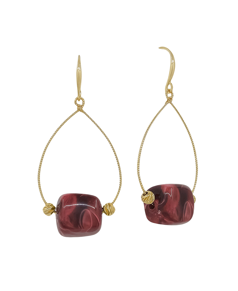 Wire Teardrop w/ Geo Resin Bead Earring - 1.8"