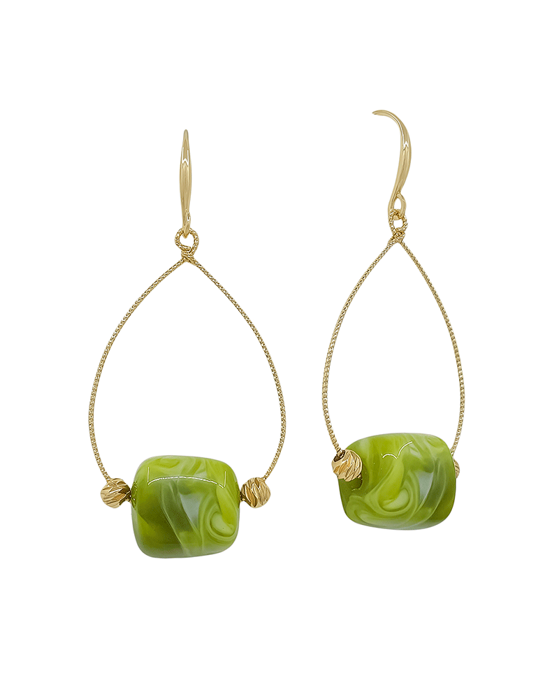 Wire Teardrop w/ Geo Resin Bead Earring - 1.8"