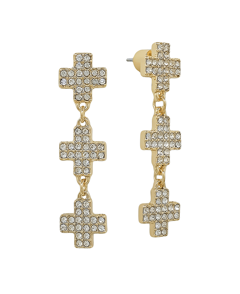 Paved Cross 3 Drop Post Earring - 1.5"