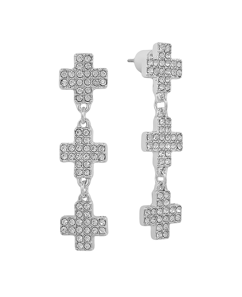 Paved Cross 3 Drop Post Earring - 1.5"