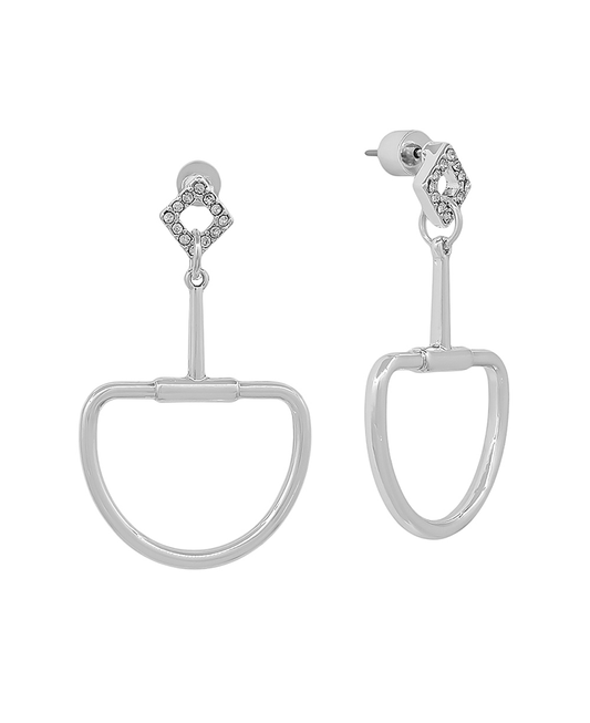 Paved Diamond Post Horsebit Metal Drop Earring - 1.5"