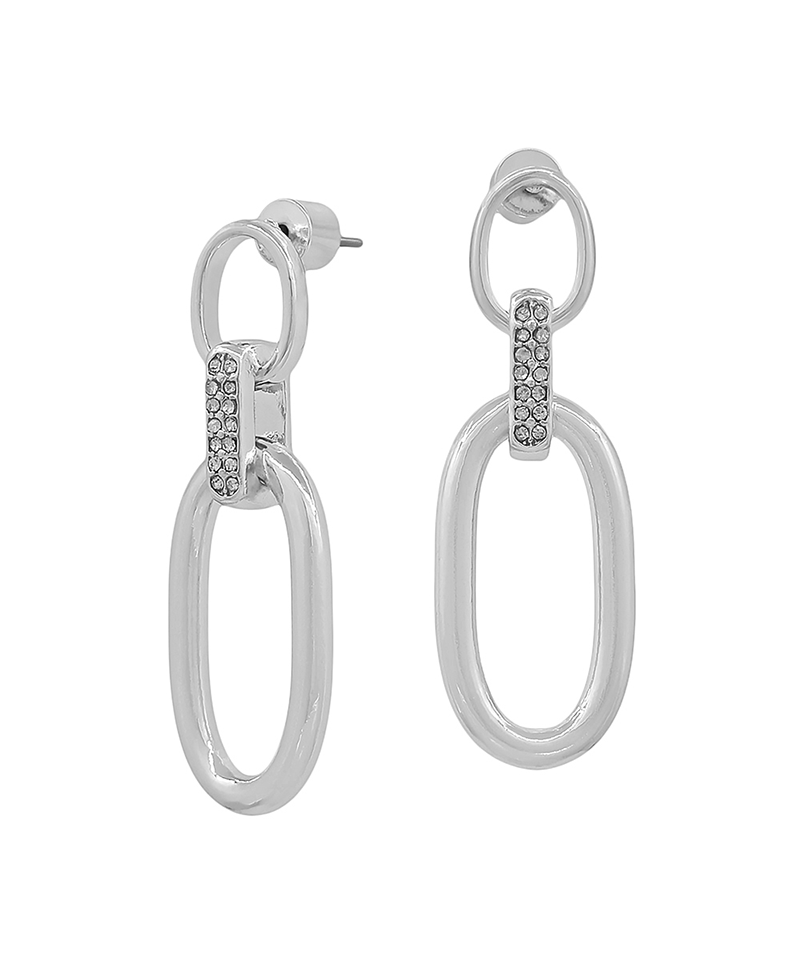 Open Metal Link Pave Accent Post Earring - 1.5"