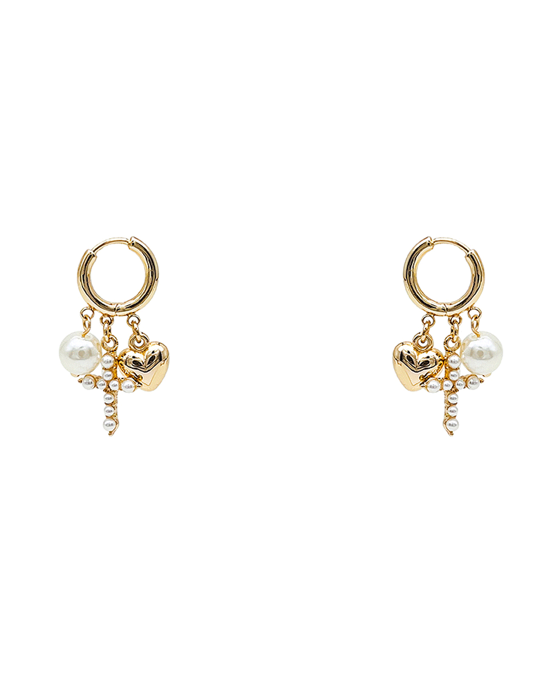 Cross Heart Pearl Huggie Earring - 1.5"