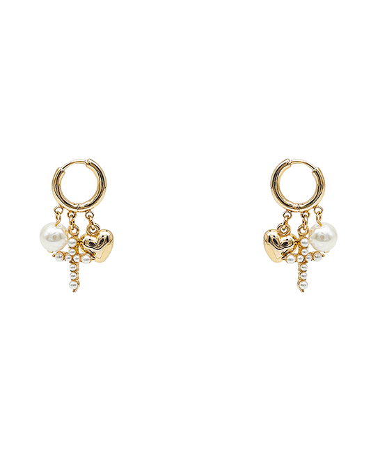 Cross Heart Pearl Huggie Earring - 1.5"