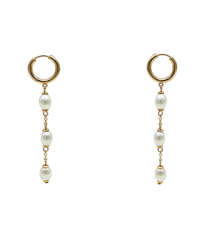 Oval Pearl 3 Drop Huggie Earring - 2.7"