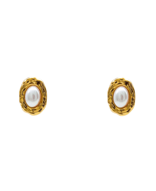 Oval Plate Frame Pearl Stud Earring - 1.1"