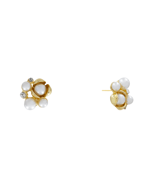 Flower w/ Pearl & Stone Stud Earring - 0.8"