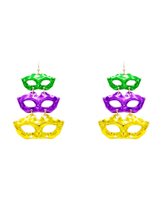 Mardi Gras 3 Drop Mask Earring - 2.3"