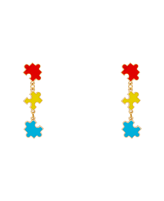 Autism Puzzle 3 Drop Enamel Earring - 2.0"