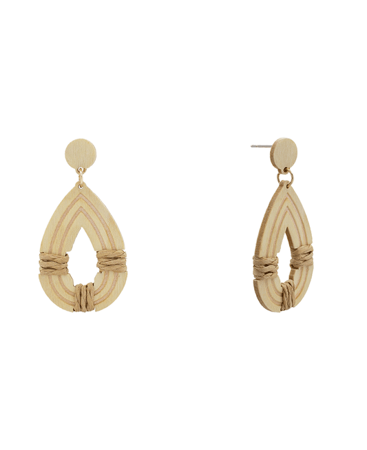 Raffia Wrap Teardrop Wood Earring - 2.1"