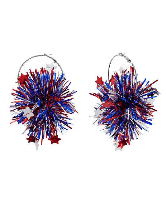 Thin Tinsel Pompom Hoop Earring - 4.0"