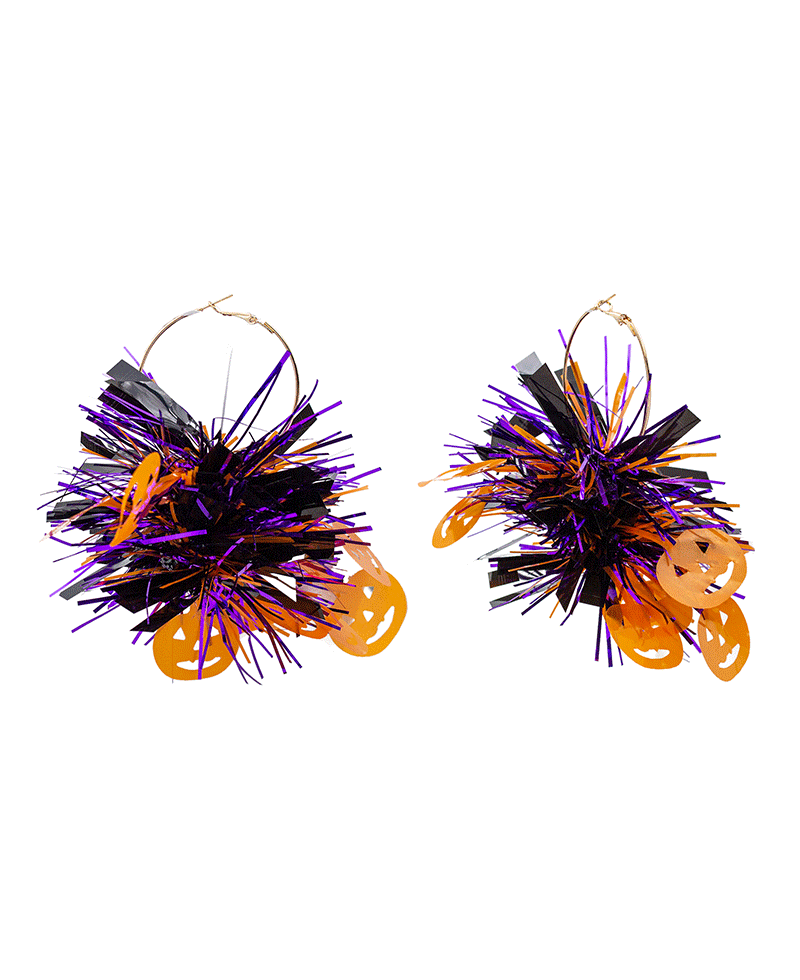 Pumpkin Tinsel Pompom Hoop Earring - 4.5"
