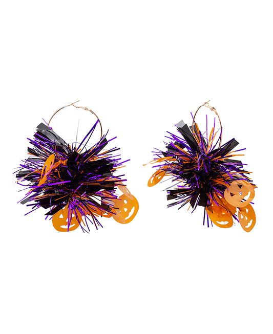 Pumpkin Tinsel Pompom Hoop Earring - 4.5"