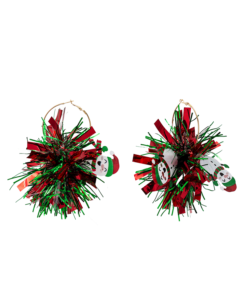 Snowman Tinsel Pompom Hoop Earring - 4.5"