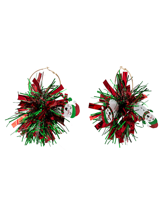 Snowman Tinsel Pompom Hoop Earring - 4.5"