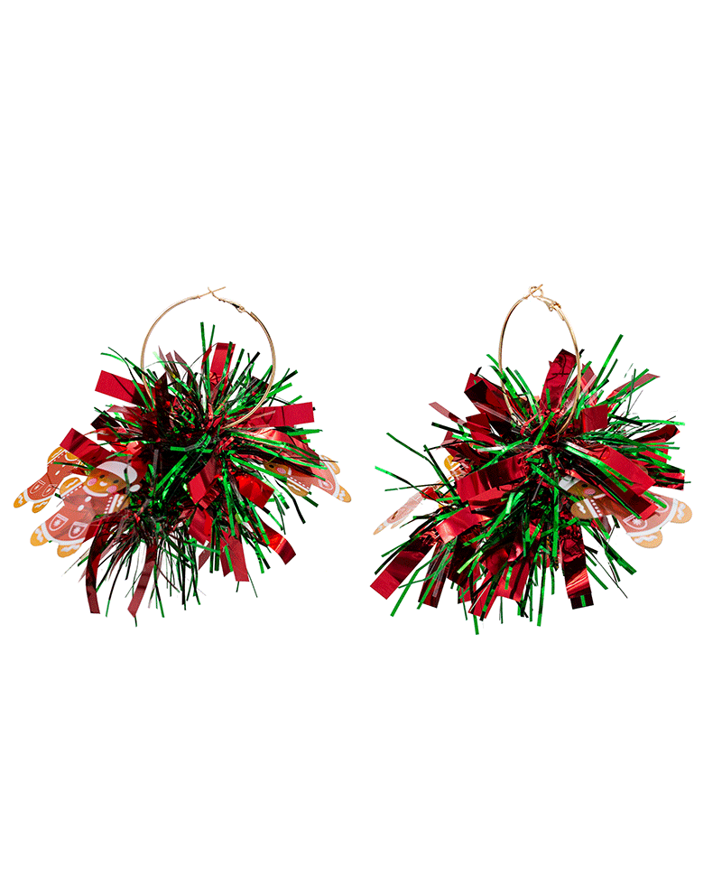 Ginger Man Tinsel Pompom Hoop Earring - 4.5"