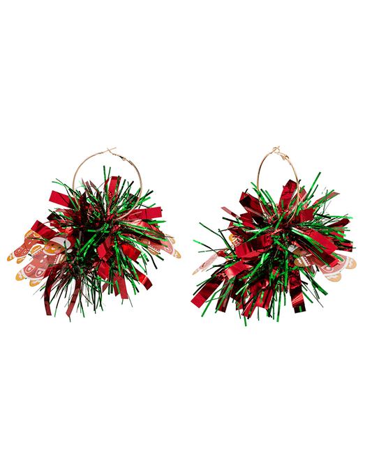 Ginger Man Tinsel Pompom Hoop Earring - 4.5"