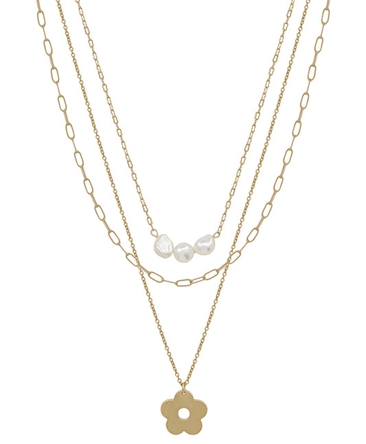Pearl & Metal Flower Pendant Short Necklace