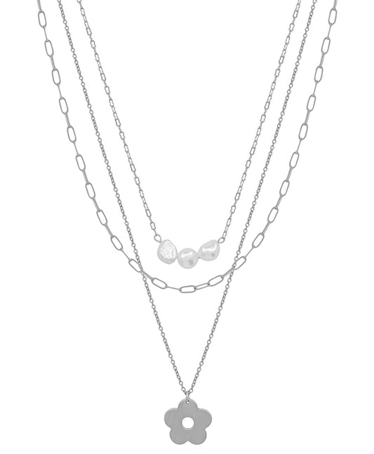 Pearl & Metal Flower Pendant Short Necklace