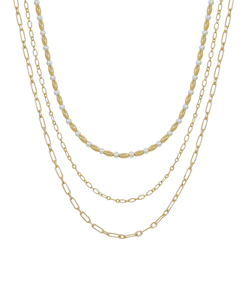 3 Layered Clip & Oval CCB & Pearl Short Necklace