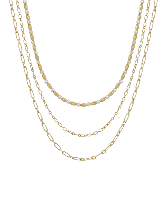 3 Layered Clip & Oval CCB & Pearl Short Necklace
