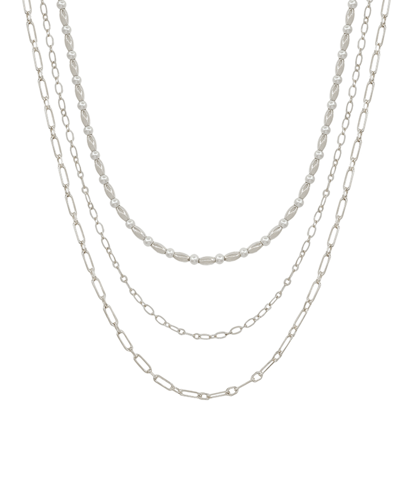 3 Layered Clip & Oval CCB & Pearl Short Necklace