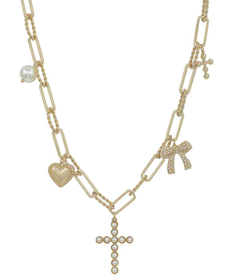 Pearl Cross w/ Charms Short Necklace