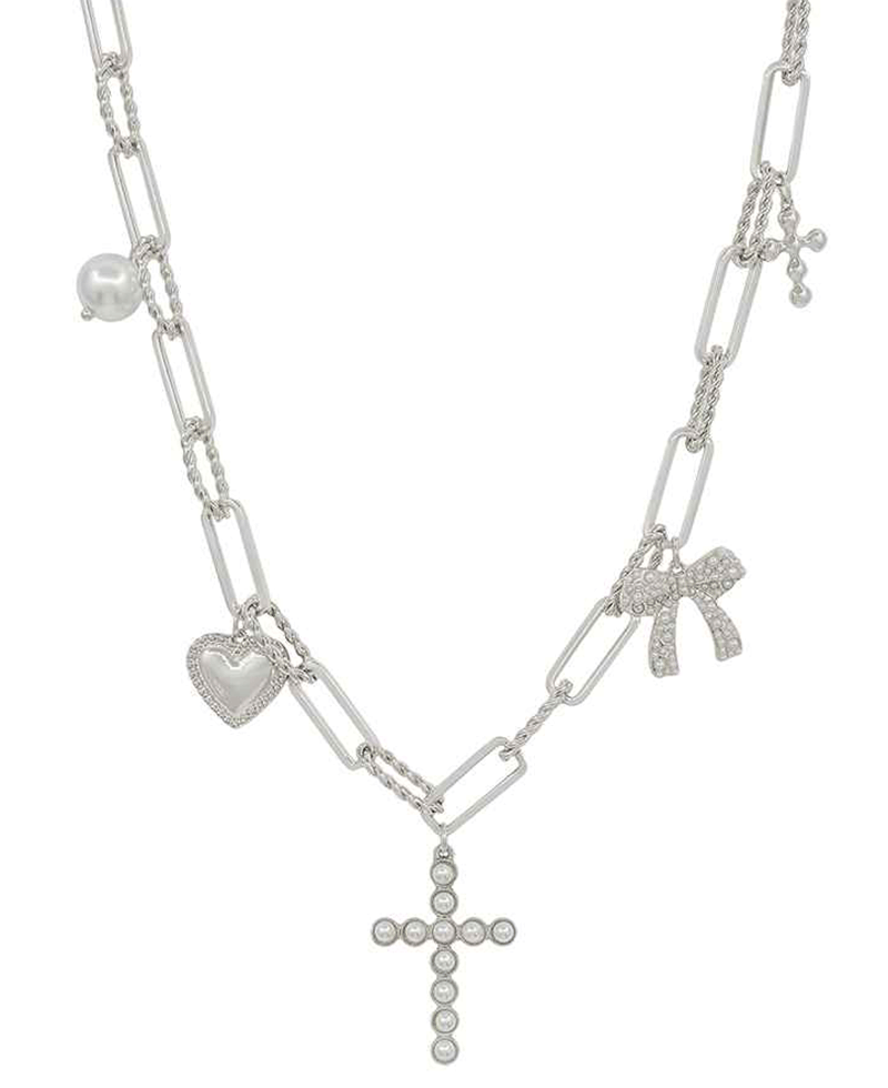 Pearl Cross w/ Charms Short Necklace