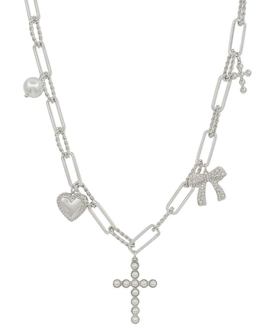 Pearl Cross w/ Charms Short Necklace