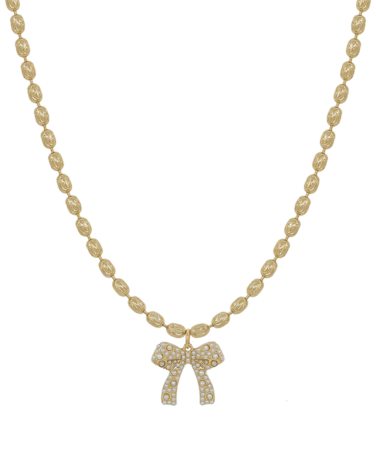 Pearl Ribbon Pendant Oval Chain Short Necklace