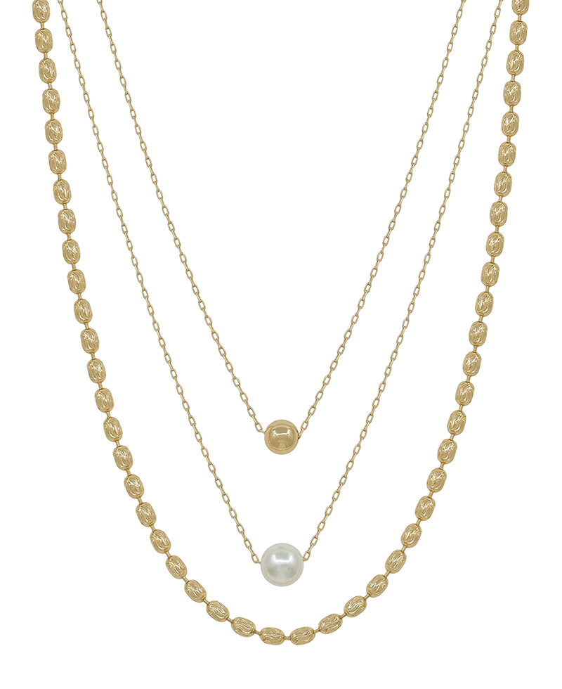 3 Layered Chain & 6mm CCB & 10mm Pearl Short Necklace