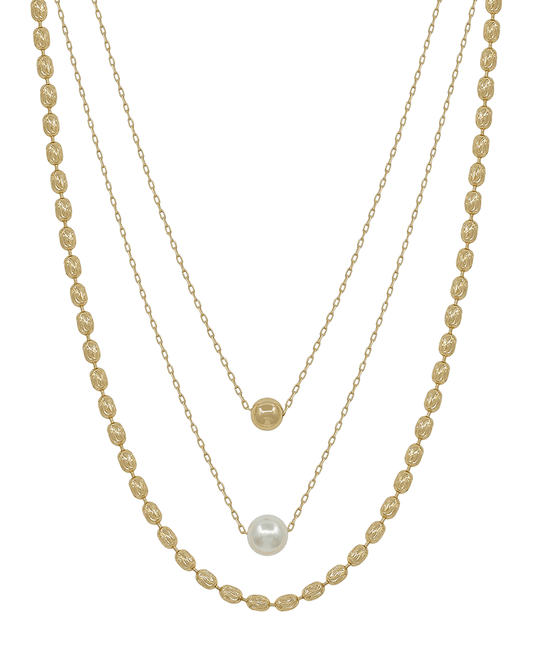 3 Layered Chain & 6mm CCB & 10mm Pearl Short Necklace