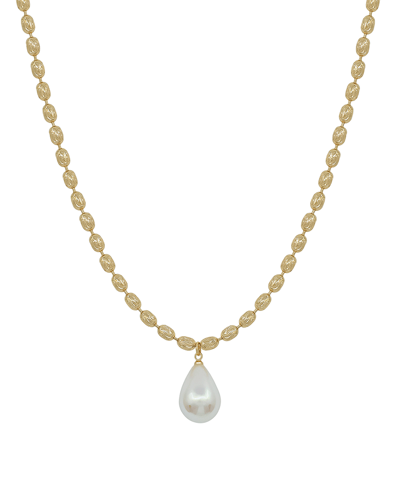 Texture Metal Chain w/ Teardrop Pearl Short Necklace - 16"