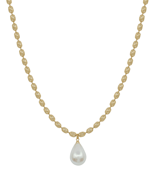Texture Metal Chain w/ Teardrop Pearl Short Necklace - 16"