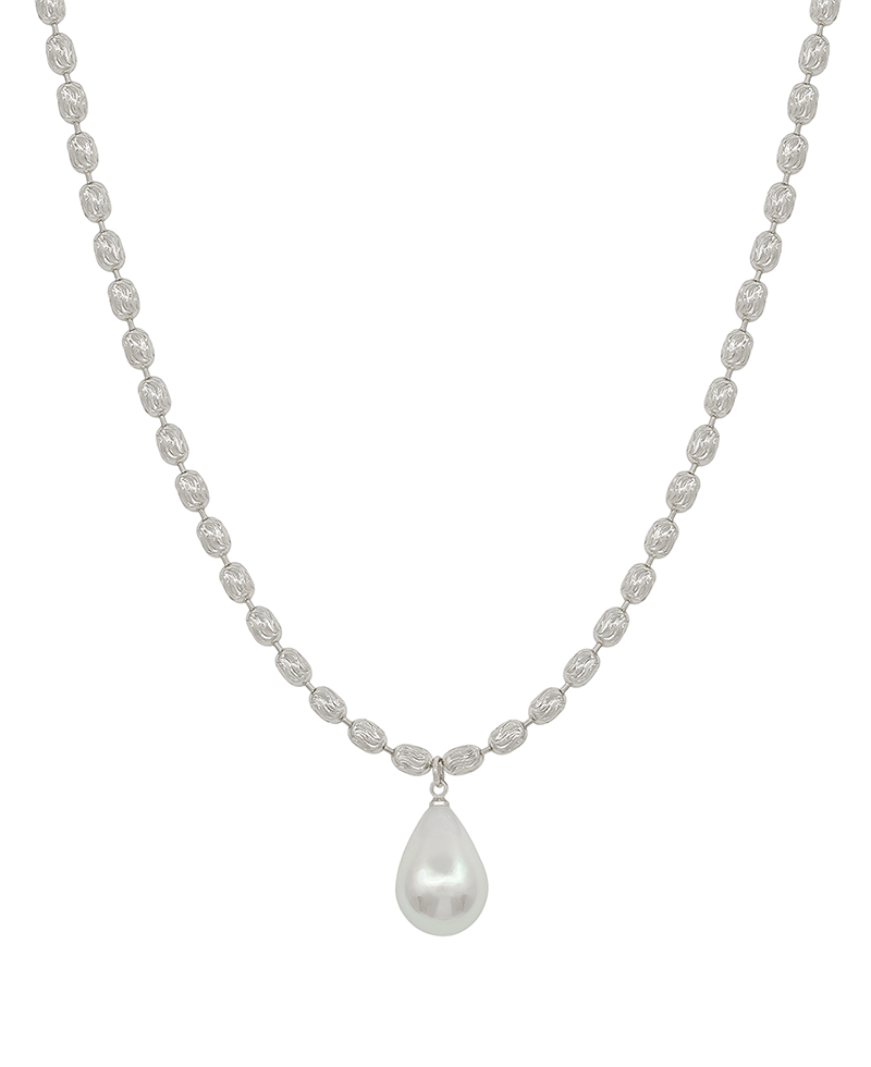 Texture Metal Chain w/ Teardrop Pearl Short Necklace - 16"