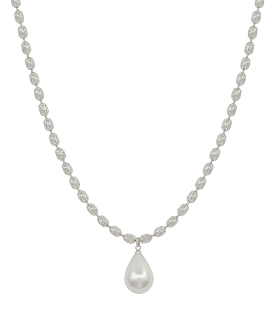 Texture Metal Chain w/ Teardrop Pearl Short Necklace - 16"