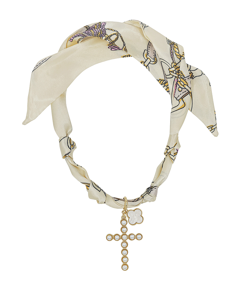 Pearl Cross & Clover Charm Scarf Necklace