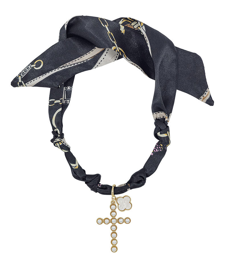 Pearl Cross & Clover Charm Scarf Necklace