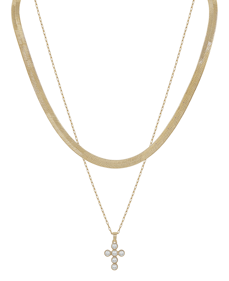Layered Snake Chain & Pearl Cross Short Necklace