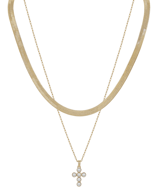 Layered Snake Chain & Pearl Cross Short Necklace