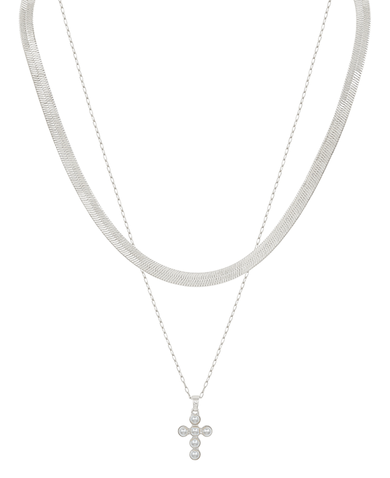 Layered Snake Chain & Pearl Cross Short Necklace