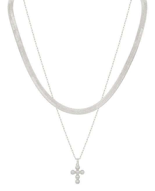 Layered Snake Chain & Pearl Cross Short Necklace