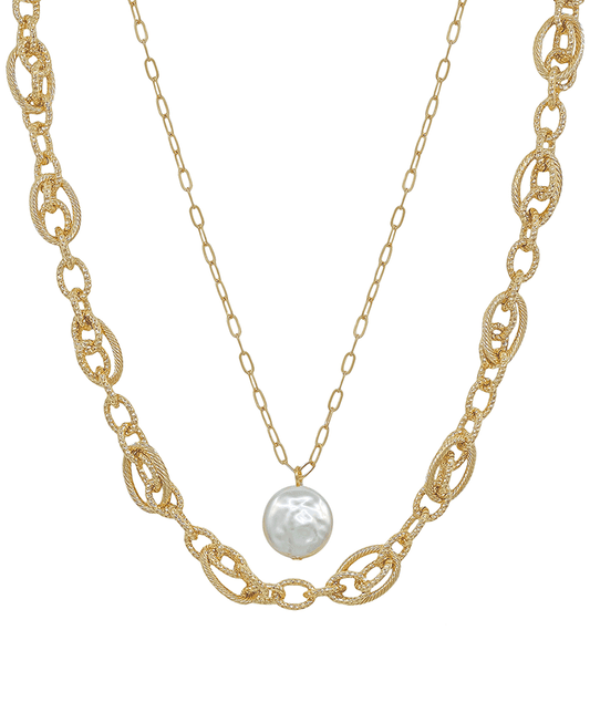 Chunky Chain & 15mm Pearl Layered Short Necklace