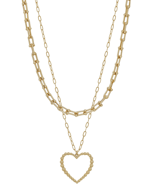 Double Layered Chain & Heart Pendant Short Necklace