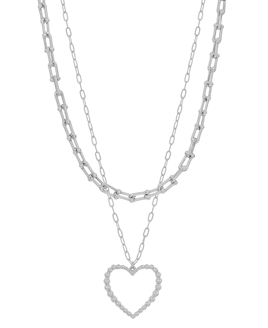 Double Layered Chain & Heart Pendant Short Necklace