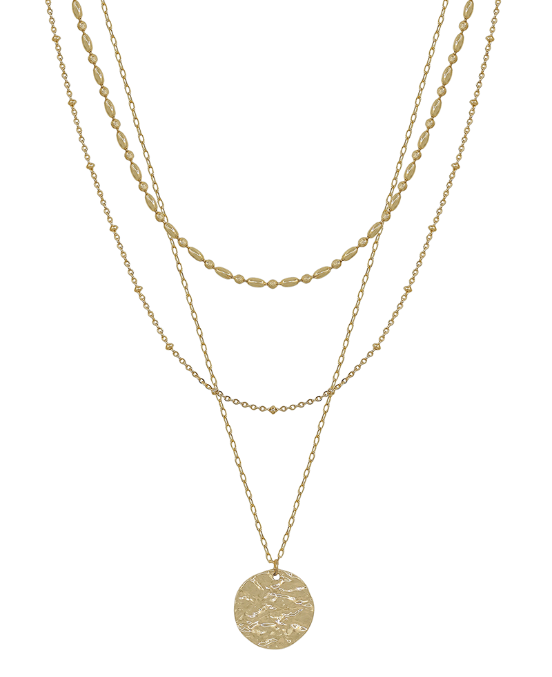 Layered Thin Oval Texture Chain w/ Coin Pendant Short Necklace