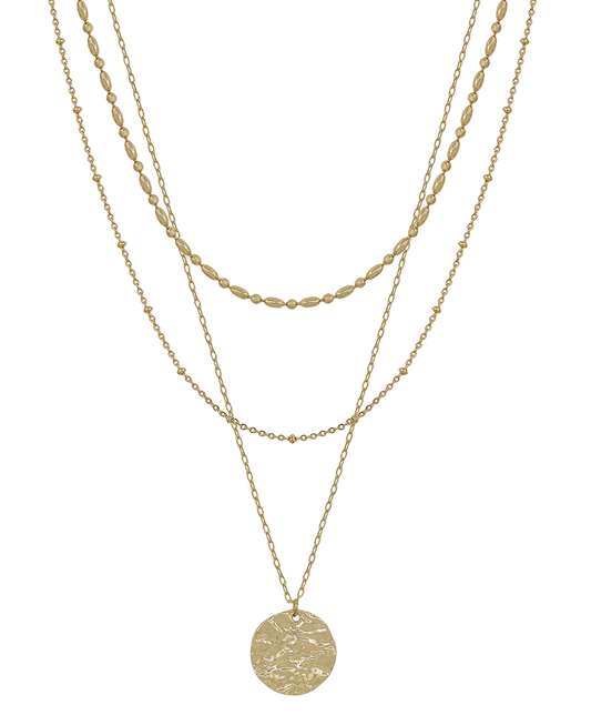 Layered Thin Oval Texture Chain w/ Coin Pendant Short Necklace
